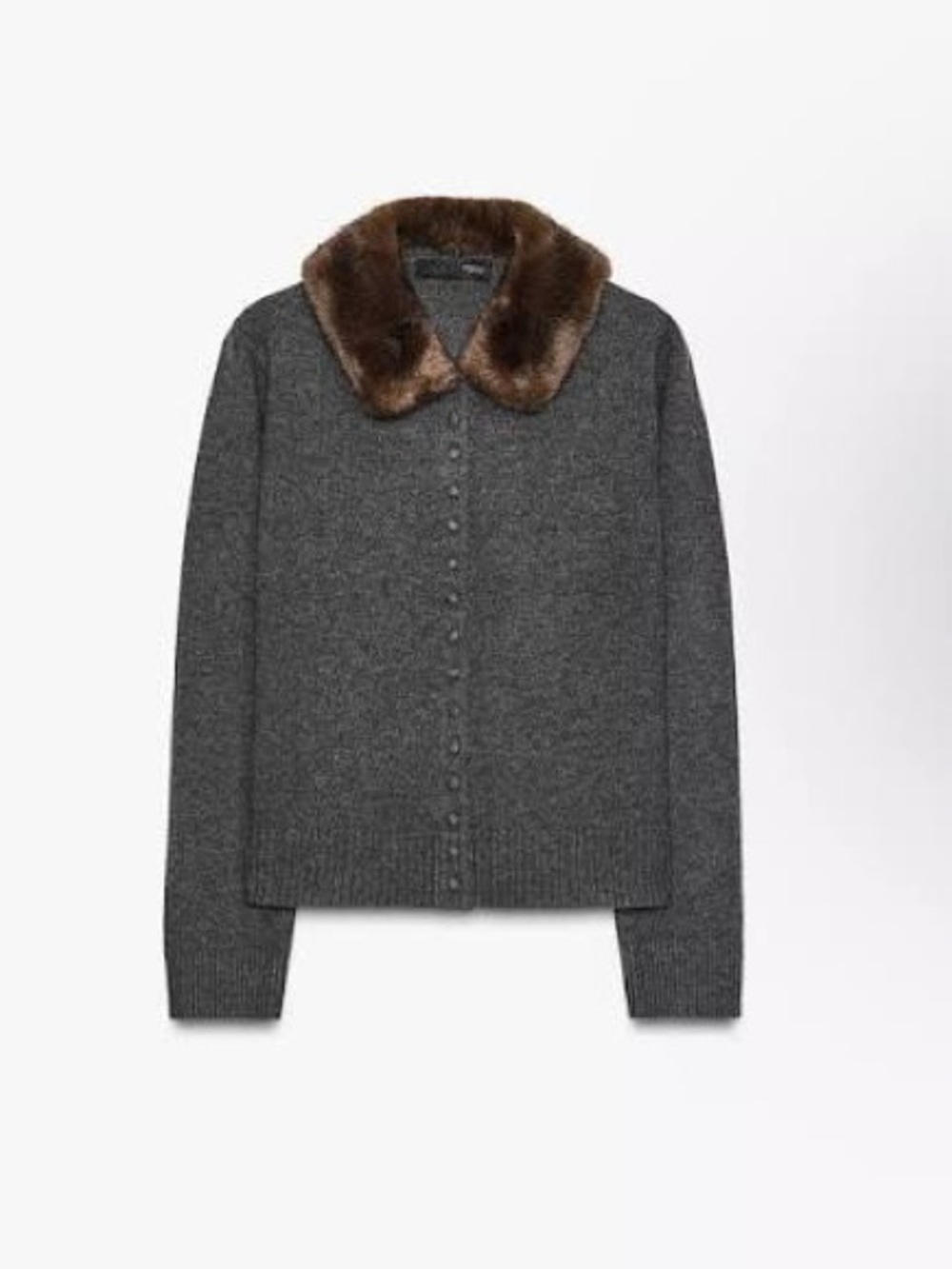 Zara Gray Knit Cardigan with Brown Faux-Fur Collar